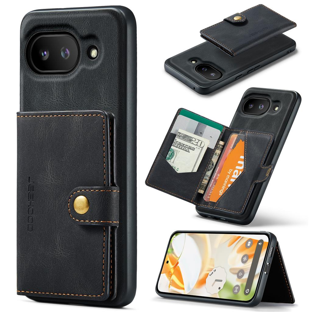For Google Pixel 9a Case JEEHOOD J01 Retro Leather Phone Back Cover with Detachable Magnetic Card Holder
