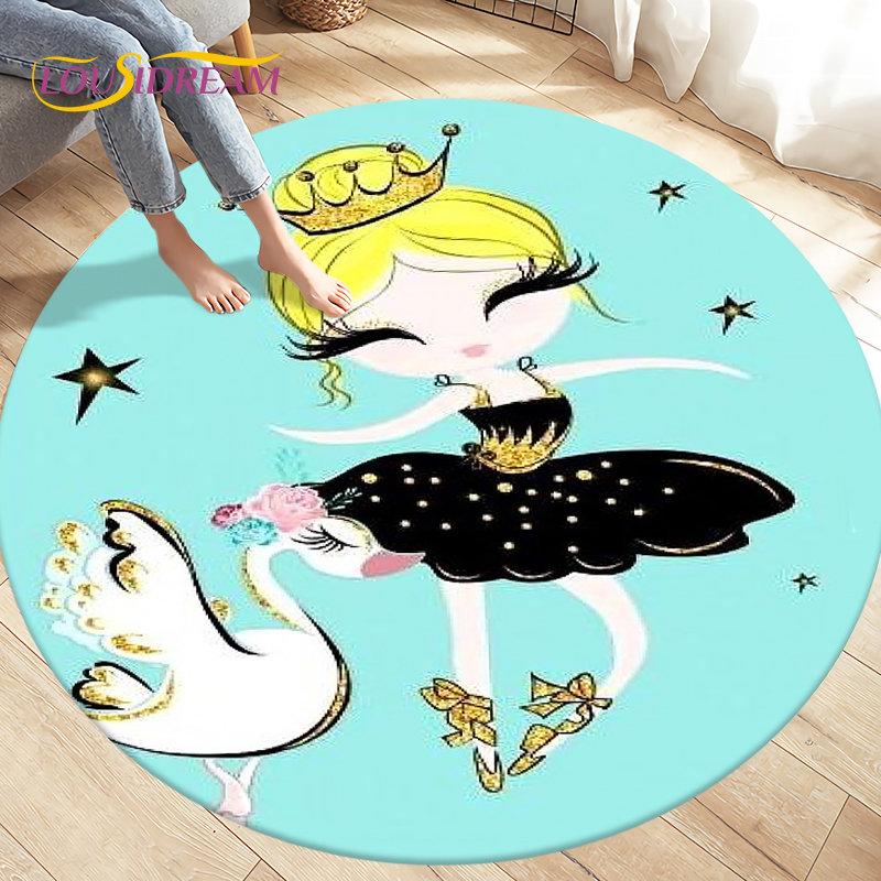 Cute Ballet Girl Ballerina Cartoon Round Area Rug,Carpet for Living Room Bedroom Sofa Playroom Decor,kid Play Non-slip Floor Mat