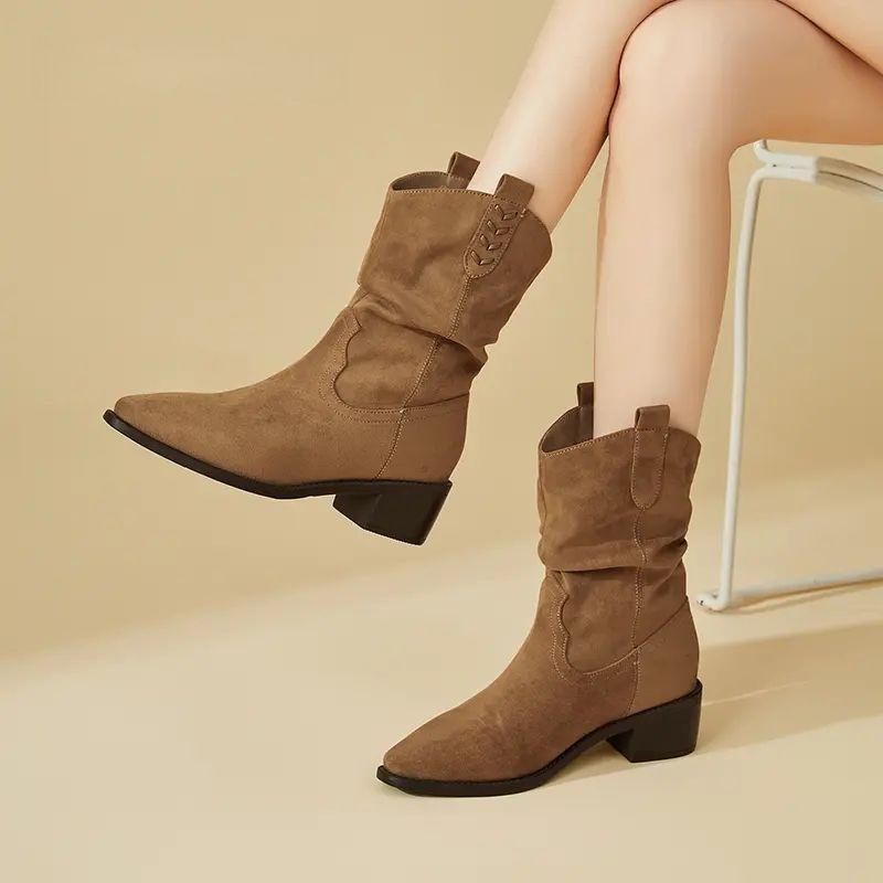 Coarse Heel Suede Pointed Western Cowboy Boots Women's 2025 Autumn and Winter New Retro Stacking Boots Fashionable Versatile Short Boots