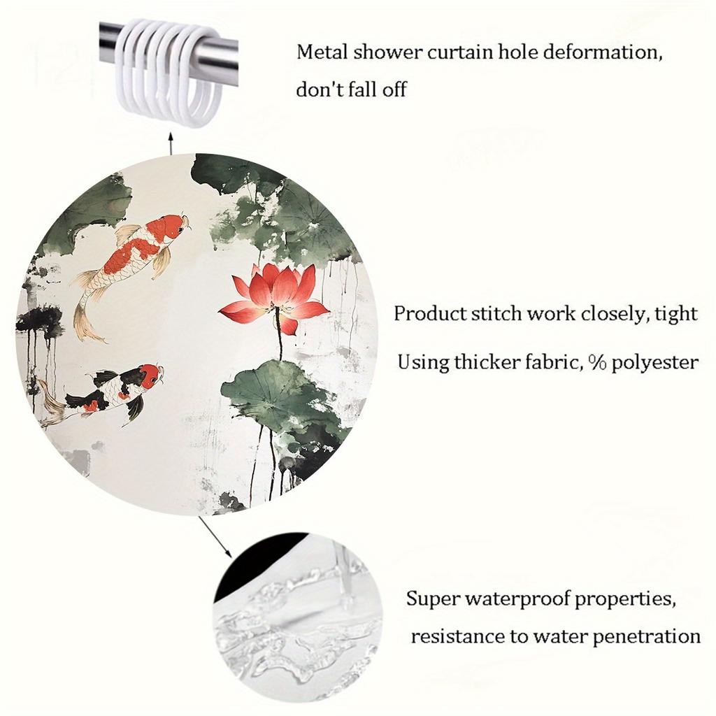 1pcs exquisite ink pool goldfish digital print shower curtain, polyester material with hook, machine washable, woven, bathroom