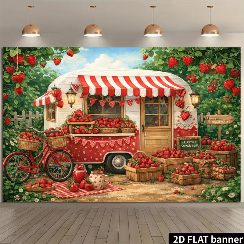 2D Flat Print Farm Fresh Strawberry Trailer Backdrop Party Background Cloth 47.2x31.5inch/120*80cm