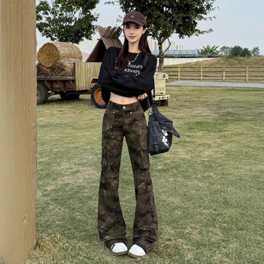 

Retro Camouflage Slim Fit Multi-Pocket Casual Flare Trousers XL камуфляжний