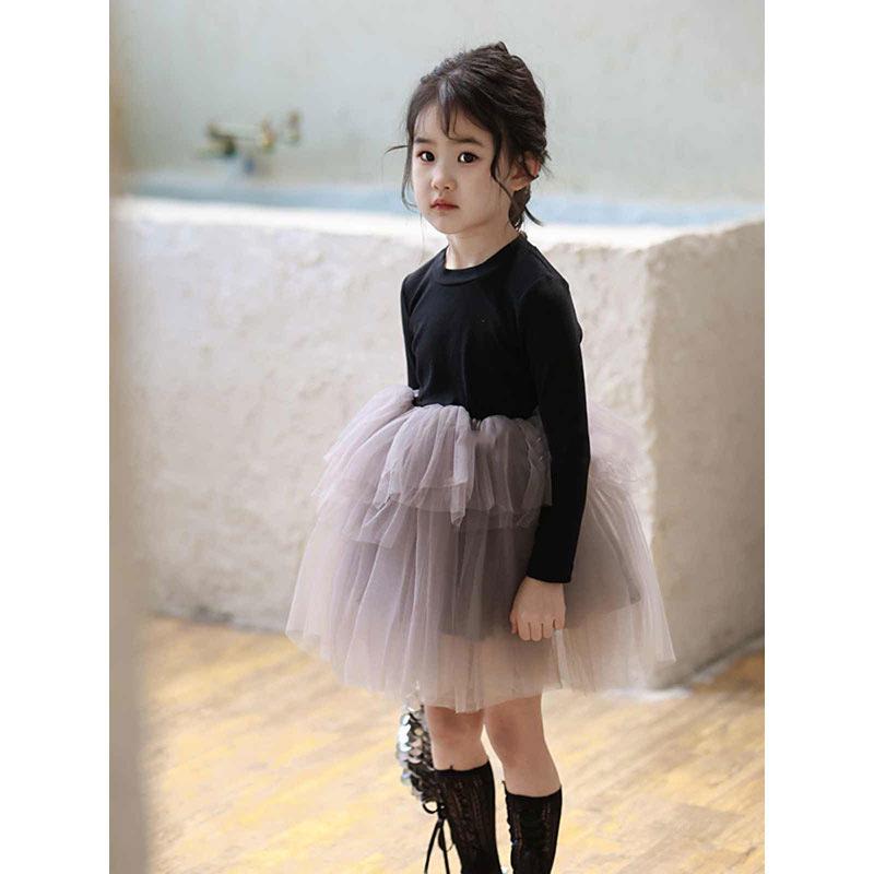 Korean Style Girls' Puffy Princess Dress - Long Sleeve Mesh Gauze Skirt for Spring & Autumn