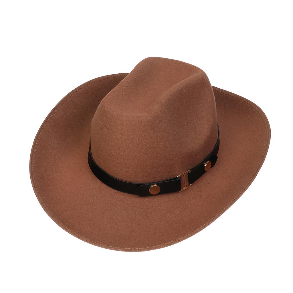 Unisex Western Cowboy Hat Wide Brim Roll‑Up Brim Double‑Top Felt Fedora Hat,10 Colors,Multiple Optional Detachable Hat Bands