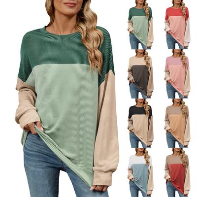 Women's Round Neck Long Sleeve Casual Style Loose Flesh Covering Sweatshirt Color Matching Long Sleeve Top