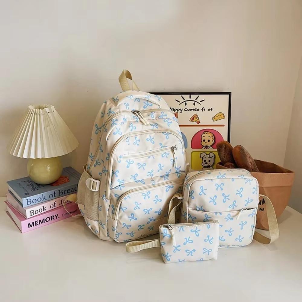 3 Pcs/Set Bow Print Nylon School Backpack, Cute Large Capacity Travel Schoolbag with Adjustable Straps