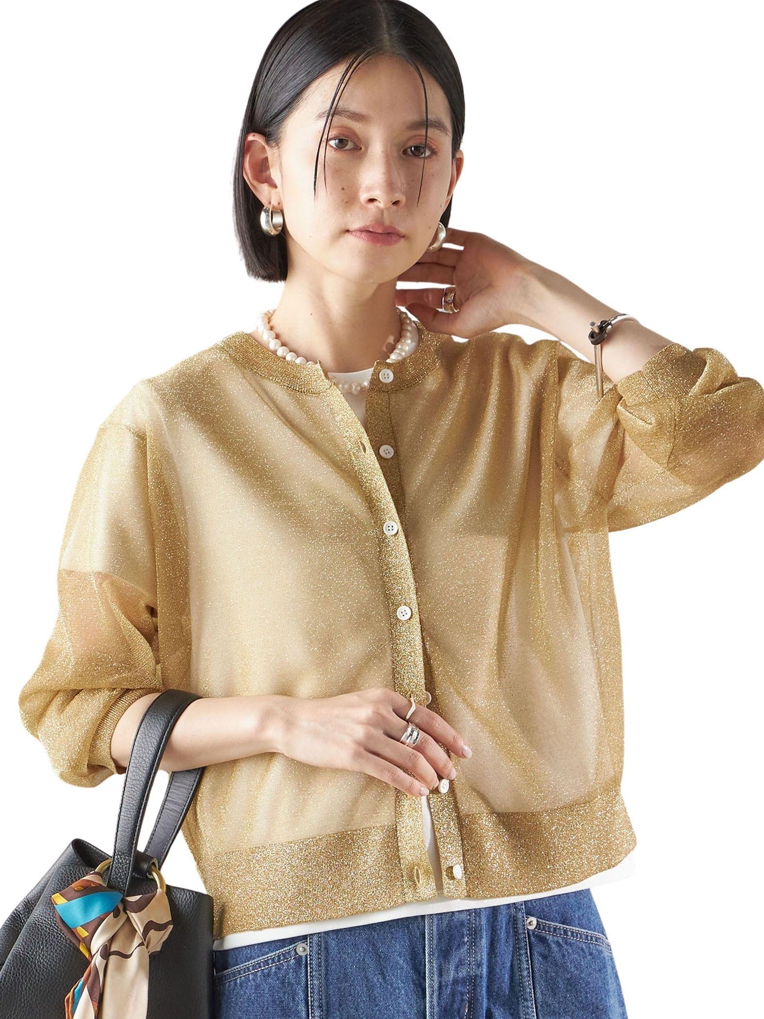 

SHIPS for Italian Yarn Short One Size women s Lamé Cardigan, 316211017, Gold,