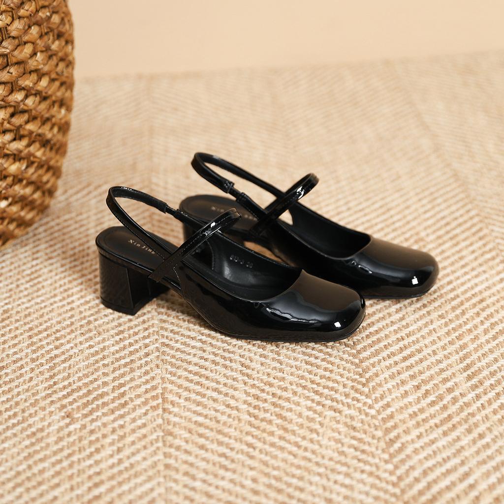 813-3 square head patent leather strap thick heel single shoes women's new French light mouth glossy medium heel single shoes women's shoes
