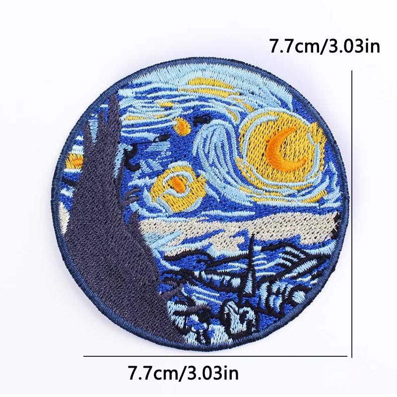 Van Gogh's Art Applique Iron On Patches On Clothes Cartoon Waves Starry Sky Embroidered Patches For Clothing Decorate Stickers