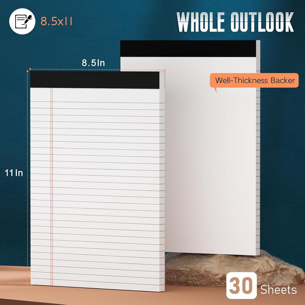 3 Pack White Legal Pads 8.5 x 11 Note Pads, Wide Ruled Notepads, Micro Perforated Lined Note Writing Pads 30 Sheets per Notepad Double-Side Printed