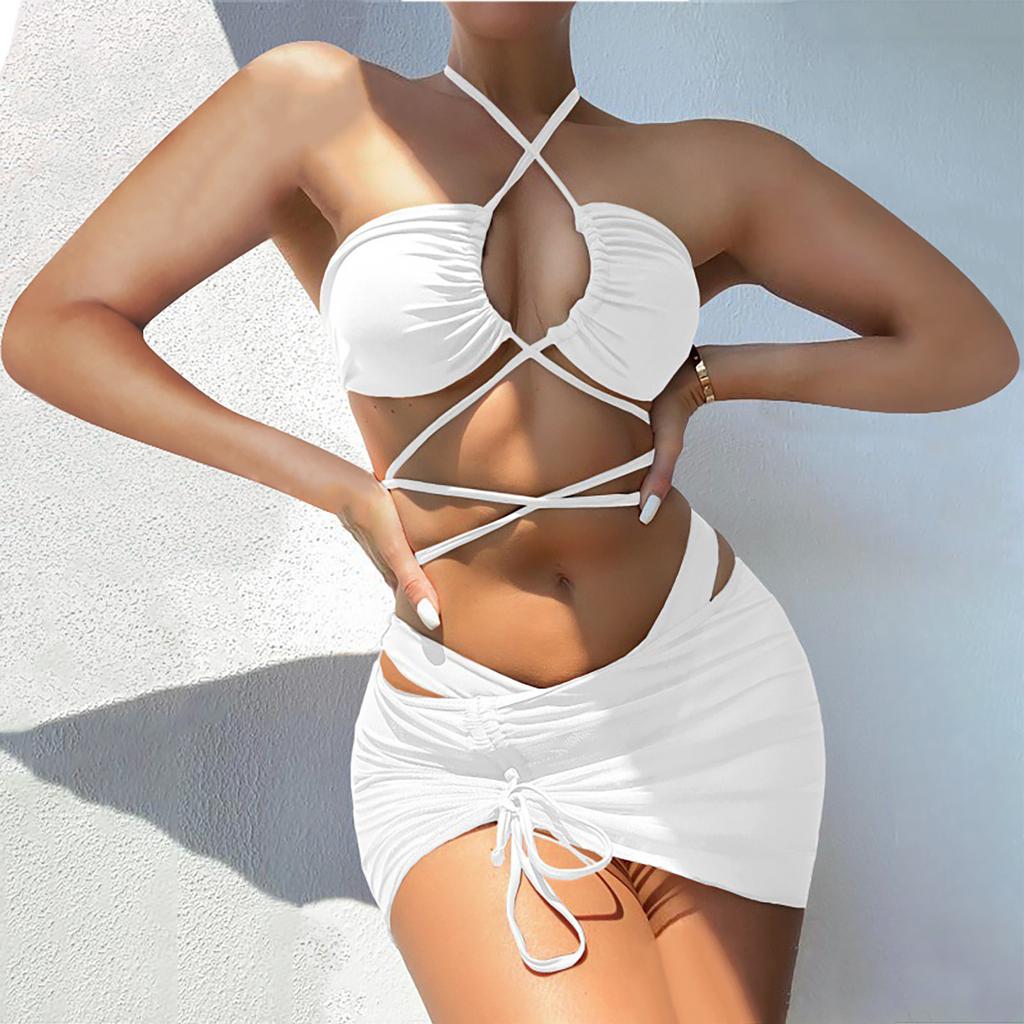 Women's Summer Fashion Sexy Color Backless Lace-up Waist Pleated Knotted Bikini Three-pieces Swimsuit