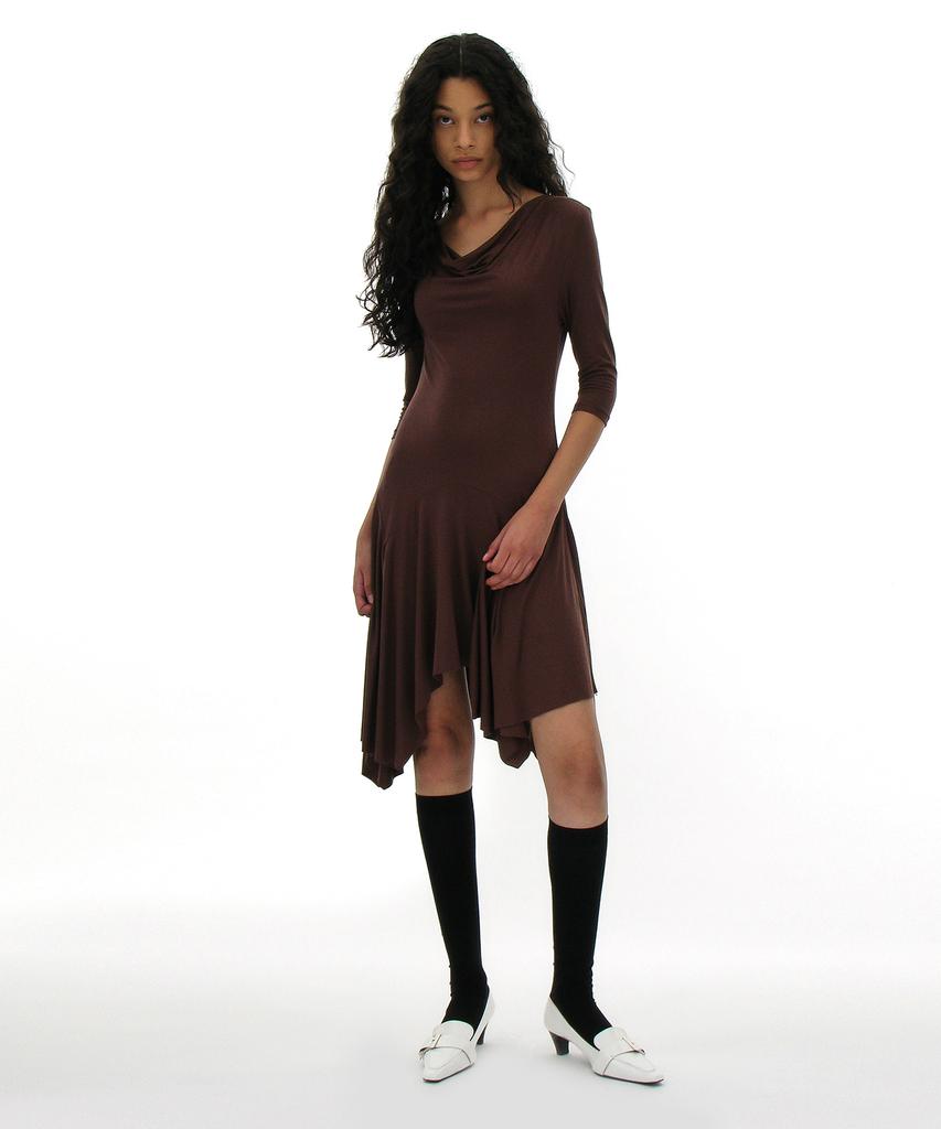 Partimento Woman Cowl Neck Asymmetrical Jersey Dress_Brown