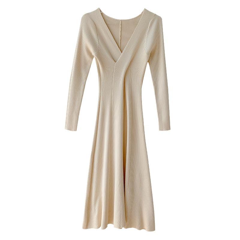 Solid Color Maternity Sweater Dress - Knit Core-Spun Yarn for Autumn/Winter