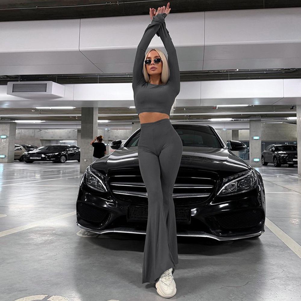 2024 European & American Slim-Fit Sports Set: High-Waisted Flared Pants & Long-Sleeve Top for Women