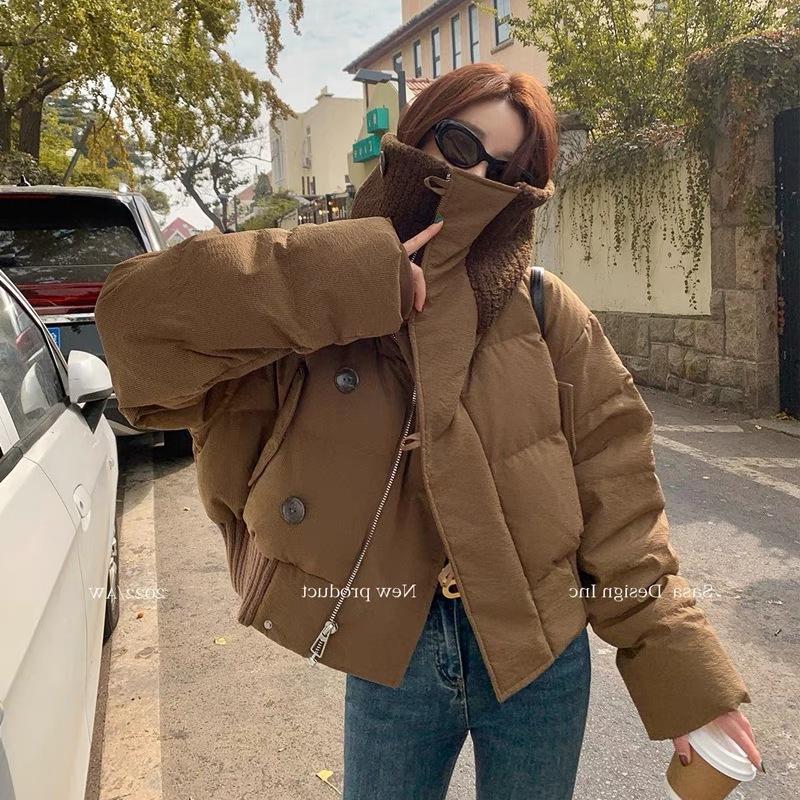 Women's Knitted High Neck Petite Winter Down Jacket - Trendy White Duck Down Streetwear Coat