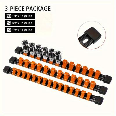 3 szt. Pomarańczowy Zestaw Szyn Organizacyjnych na Nasadki Napędowe dla Nasadek 3/8" 1/4" 1/2", Szyna Uchwyt na Nasadki, Pomarańczowy Uchwyt na Nasadki, Montowany Przesuwny Stojak Tackowy Szyna Narzędziowa