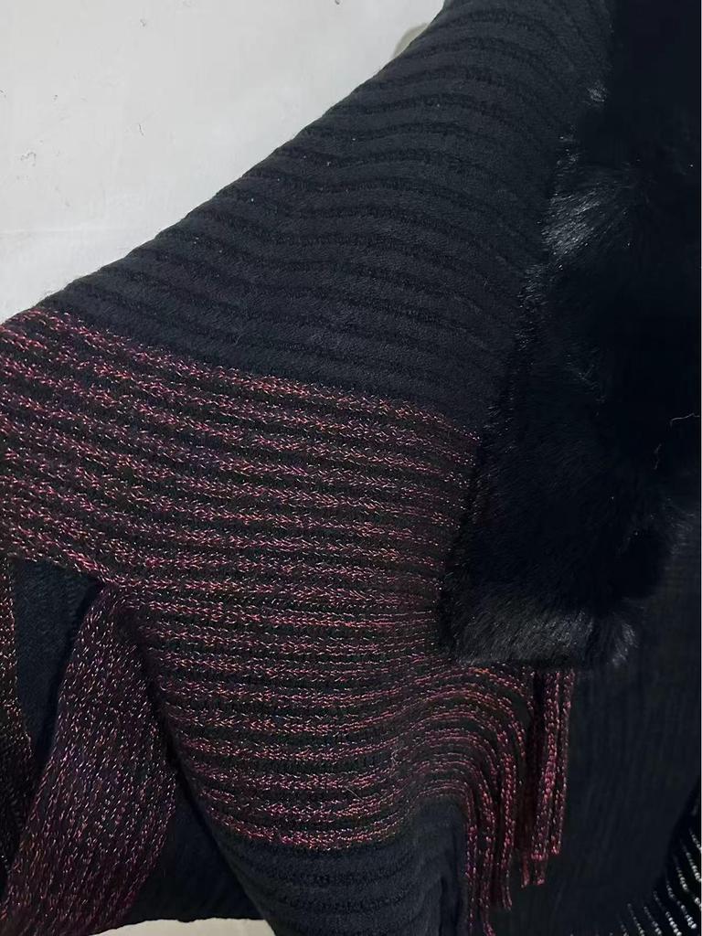 Autumn & Winter High-End Knit Cardigan: Color-Blocked Cloak Shawl with Large Fur Collar & Tassels, Korean Style Outerwear.