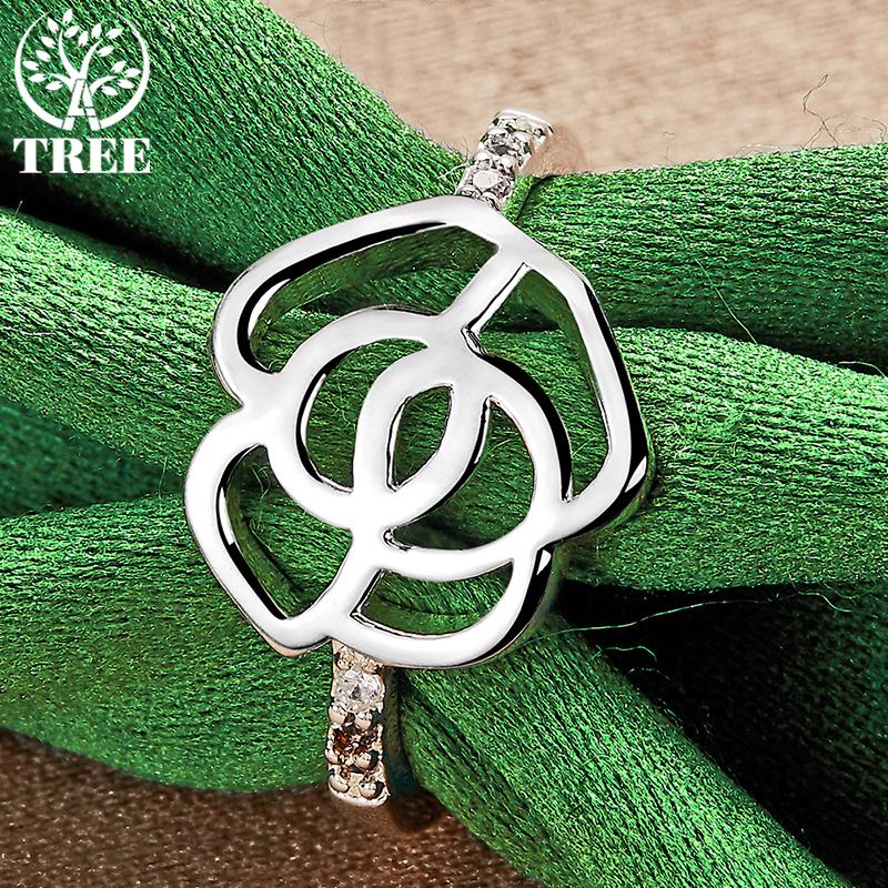 925 Sterling Silver Noble Shiny AAA Zircon Flower Rose Ring For Women Fashion Party Birthday Banquet Wedding Charm Jewelry