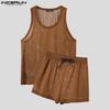 INCERUN 2PCS Summer Men Hollow Sleeveless Tank Tops and Shorts Beach Outfits Sets