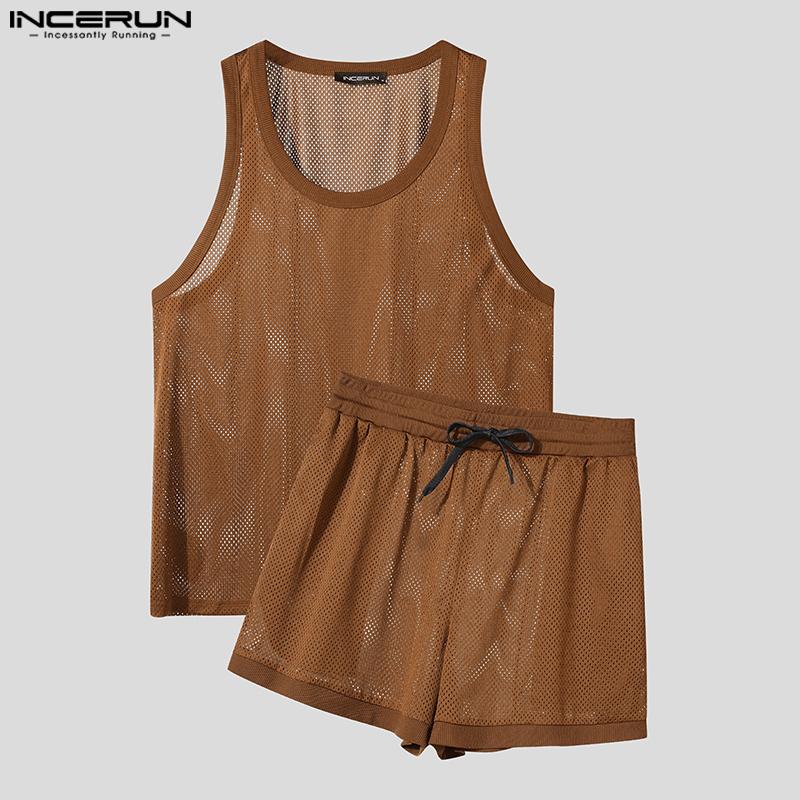 INCERUN 2PCS Summer Men Hollow Sleeveless Tank Tops and Shorts Beach Outfits Sets