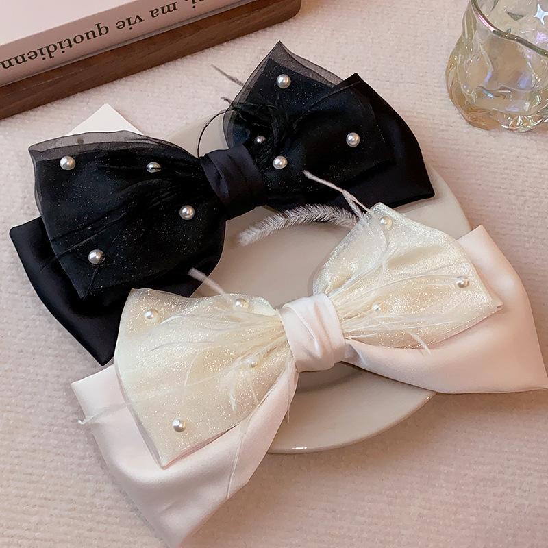 oversized bow mesh multi-layer pearl feather hairpin elegant spring clip fashion temperament versatile hair accessories