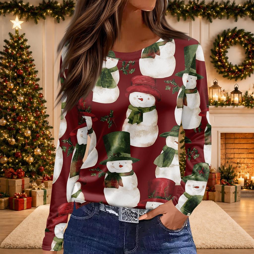 Women's Christmas Print Long Sleeve Neck Top with Side Slit Hem