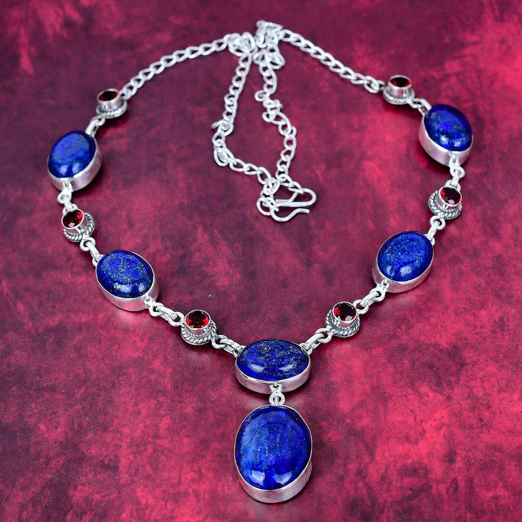 Lapis Lazuli & Granat Halskette Handgefertigter Schmuck, 925 Massiv Sterling Silber Halskette Designer Edelstein Schmuck Verstellbare Kette Halskette Geschenk für Mama