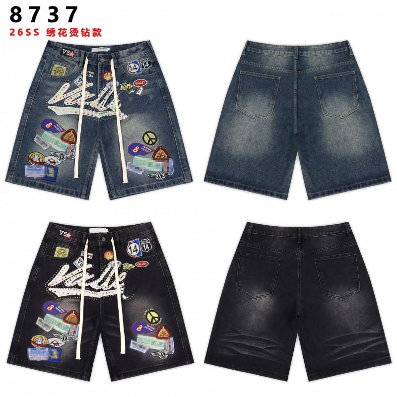 Pantaloncini in Denim Vale Retro con Lettere Ricamate Dettaglio Strass Lavaggio Usurato Lunghezza 5/8 Vestibilità Larga