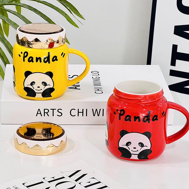 Mirror Ceramic Cup with Lid Cute Cartoon Panda Mug Household Water Cup Gift Souvenir Cup High Appearance