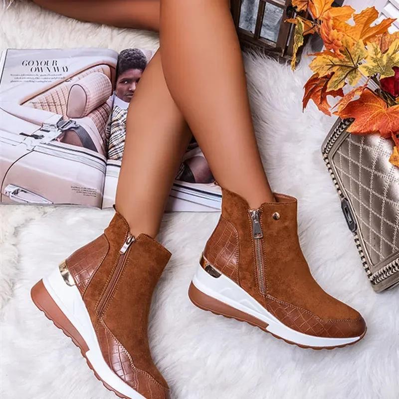 Fashion Shoes Women Sneakers Plus Size 43 Wedges Heels Ladies Ankle Boots Casual Shoes Non-slip Zipper Leather Female Footwear