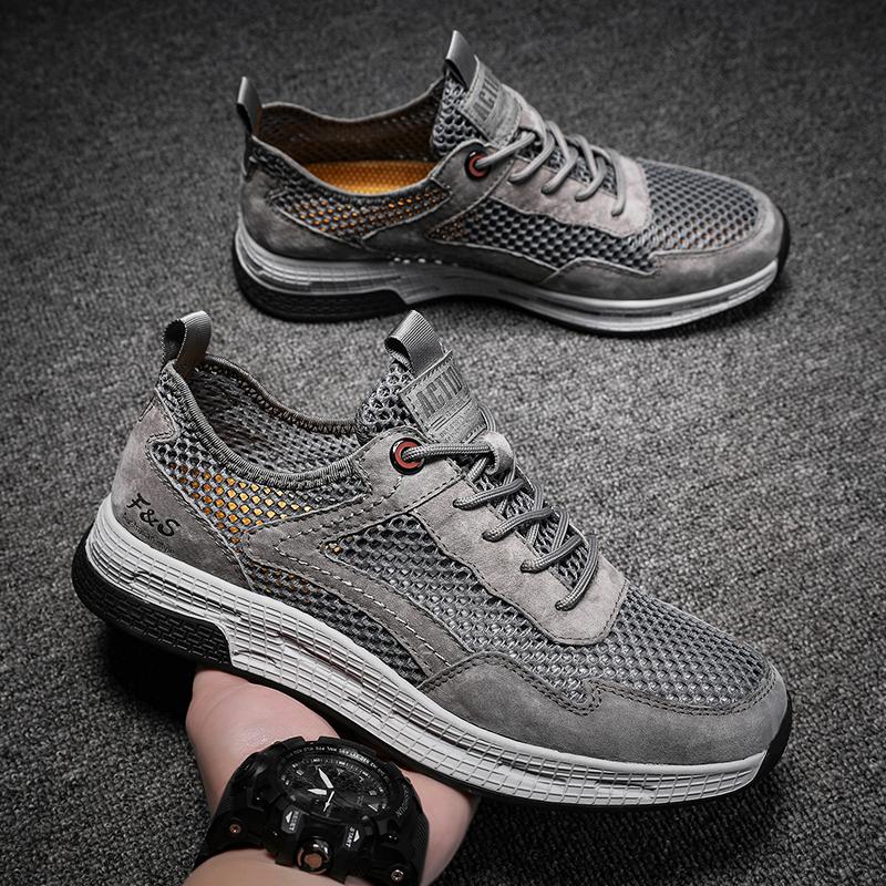 Fashion Men Breathable Mesh Top Layer Pigskin Casual Shoes Fashion Patchwork Men Sneakers Summer Man Comfortable and Soft  Walking Shoes