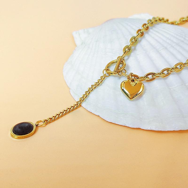 New Hip Hop Fashion Personality Gold Color Stainless Steel Collarbone Chain Necklace OT Buckle Opal Heart Pendant Choker Jewelry