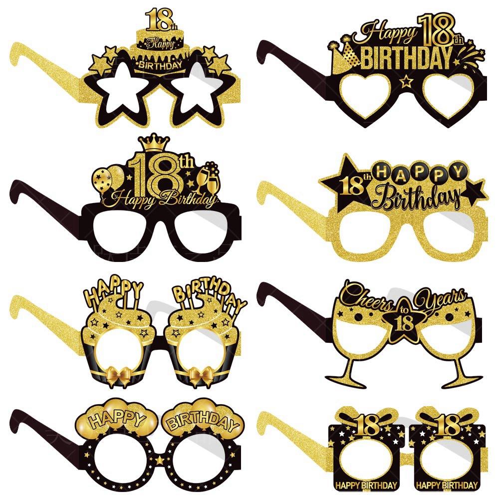 16pcs Amazon's New Product Birthday Party Decoration Paper Glasses - Black and Gold 18-year-old and 60-year-old Birthday Photo Props Glasses