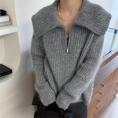 Verdicktes lockeres Design Halb-Reißverschluss Strickpullover Oberteil Lazy Style Grau Kamel Wolle Strickpullover Damen