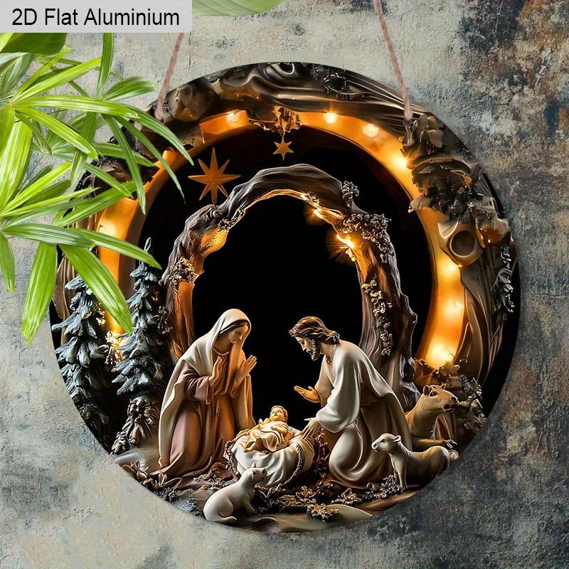 2D Flat Aluminium Nativity Christmas Sign - Holy Night Figurine Ornaments with Jesus - Aluminium Manger Sign - Ideal for Front Door, Wall, Porch