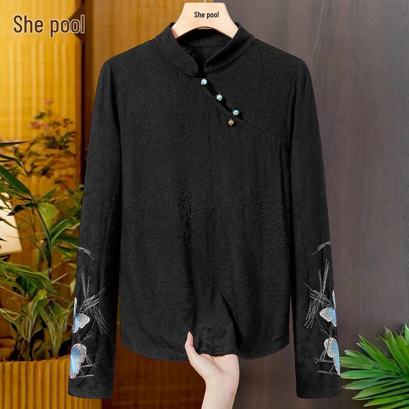 New Chinese Style Embroidered Stand-Up Collar Long-Sleeve Top M