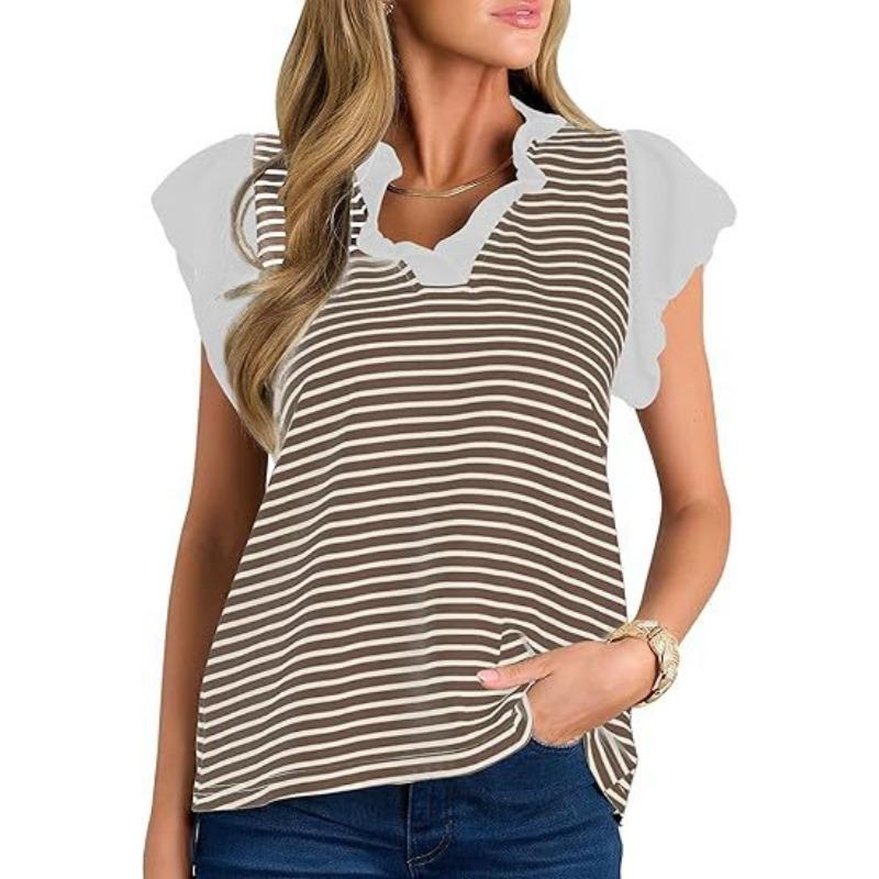 YYFS Women's Fashion Casual Summer Spring Stripe Print Short Sleeve V-Neck Blouses & Shirts