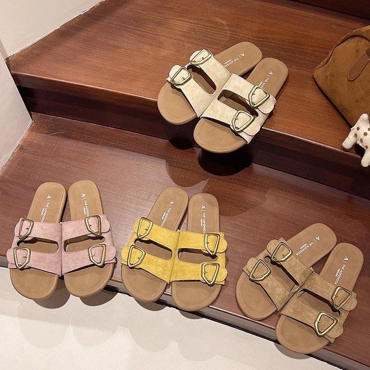 2025 Summer New Flat-bottomed Boken Slippers Women's Outer Wear Belt Buckle Flat-bottomed One-word Drag Soft-bottomed Casual Sandals