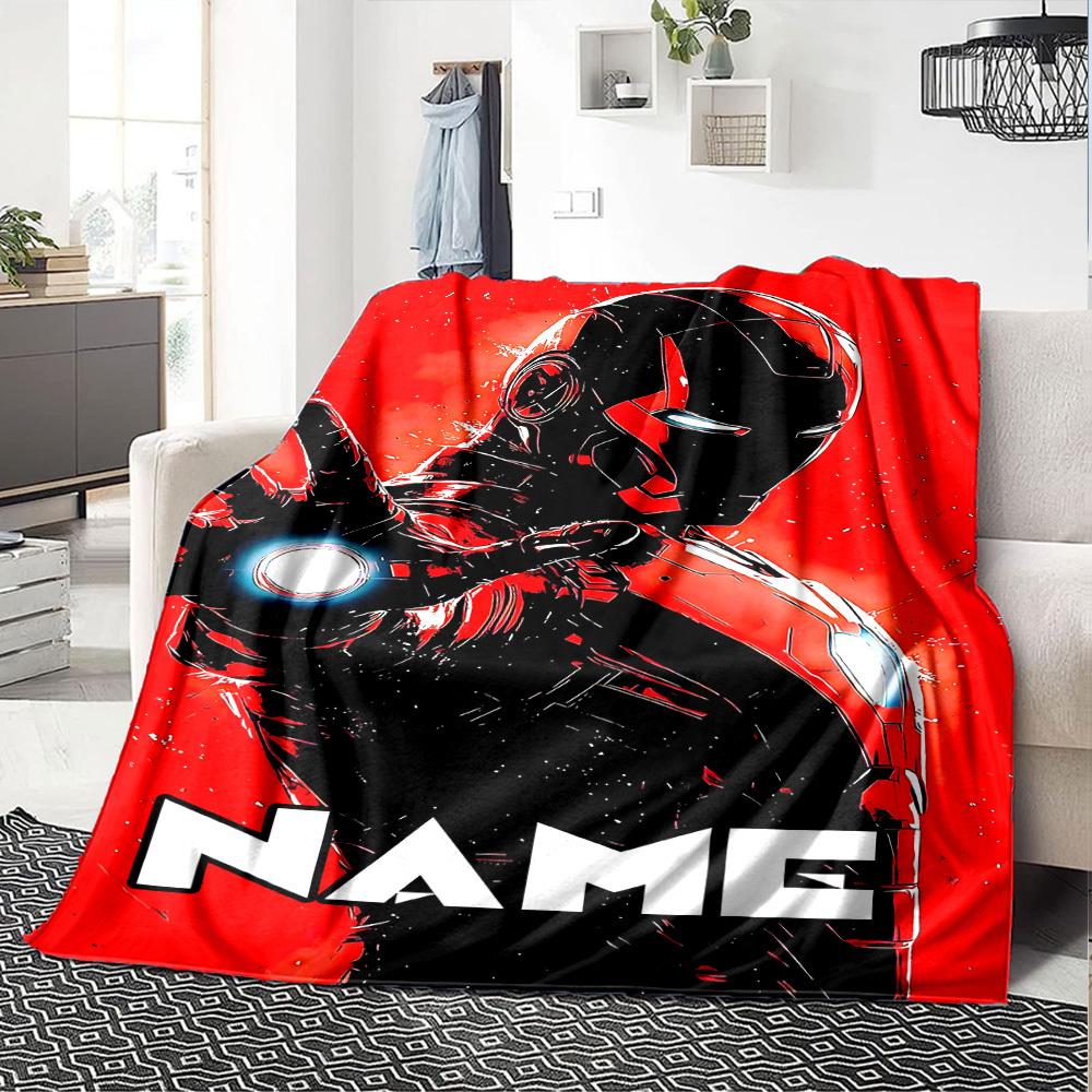 Iron Man In Action With Glowing Repulsors And A Futuristic Background Throw Customizable Blanket Customize Text Warmthful Decor For Sofa Couch Office