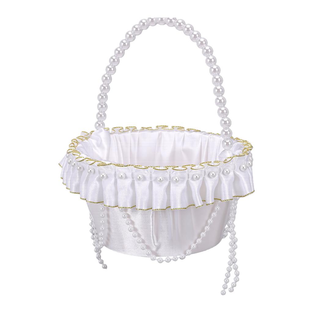 Hochzeit Blumenmädchen Korb mit Perlenhenkel Satin Blume Aufbewahrungskorb für Party Haus Dekoration Weiß