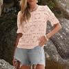 Women Tops Round Neck Puff Short Sleeve Hollow Lace Pullover Tops Solid Color Loose Fit Summer T-shirt