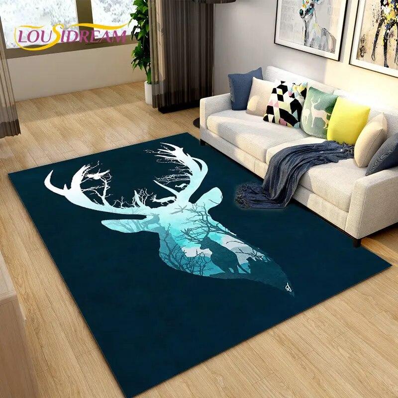 3D Cartoon Nordic Elk Reindeer Area Rug,Carpet Rug for Living Room Bedroom Sofa Doormat Decoration,Child Play Non-slip Floor Mat