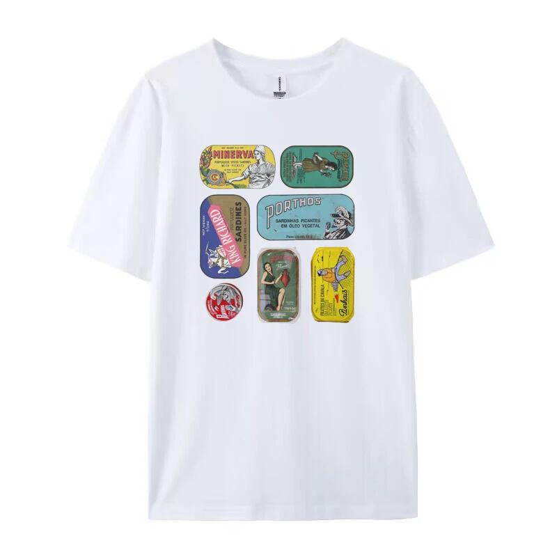 Women Vintage Canned Sardines T Shirt Funny Aesthetic Foodie TShirts Cute Seafood Graphic Tees Unisex Summer Loose Retro Tops S