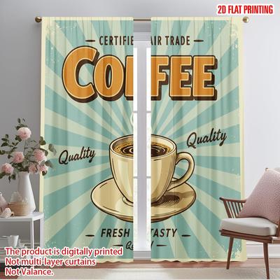 2pcs 2D Flat Printing Party Curtains Vintage Fair Trade Coffee Polyester Without Electricity Holiday Decorations Perfect for