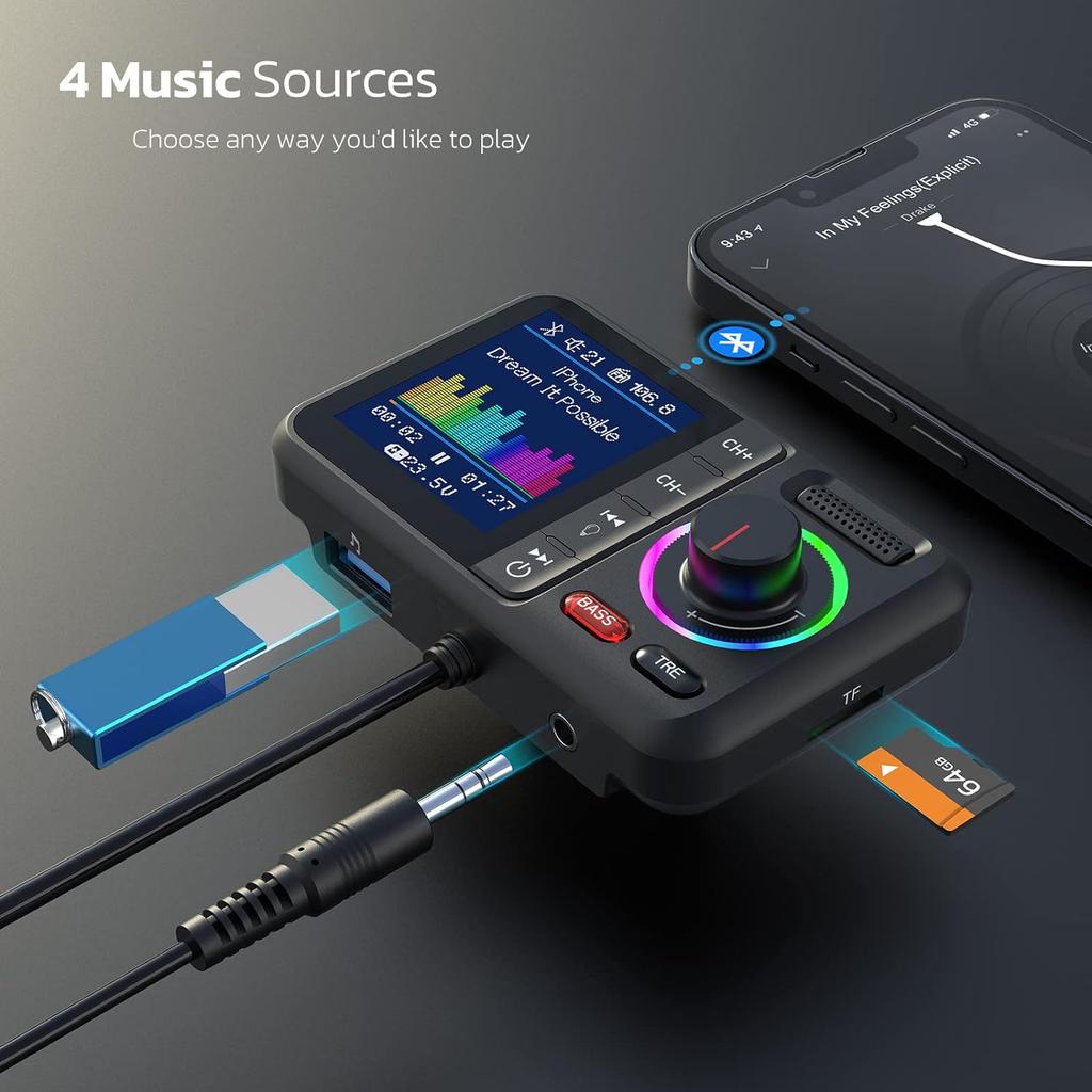 Multifunctional Fast Charging Car AUX Adapter MP3 Music Player Wireless FM Transmitter with Big Color Screen 2.4A QC3.0 Dual USB