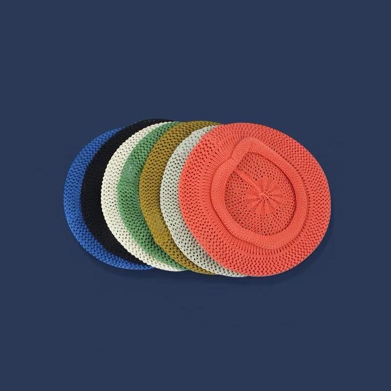 New Korean Hollow Solid Color Knitted Beret Hat For Women Summer Breathable Weave Painter Hats All-Match Trend Flat Cap Artists