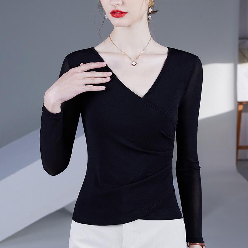 2025 Women's Fashion V-Neck Mesh Long-Sleeve Top - Waist-Cinching, Belly-Covering