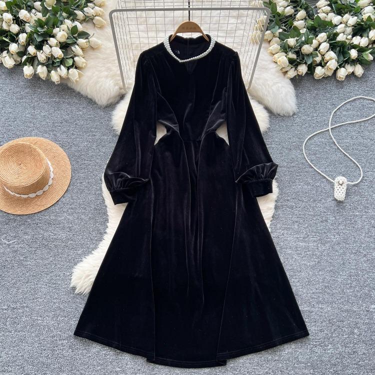 

Luxury Evening Party Dresses Long Sleeve Turtleneck Aline Fishtail with Side Slit Patchwork Pearl Back Zipper S чёрный