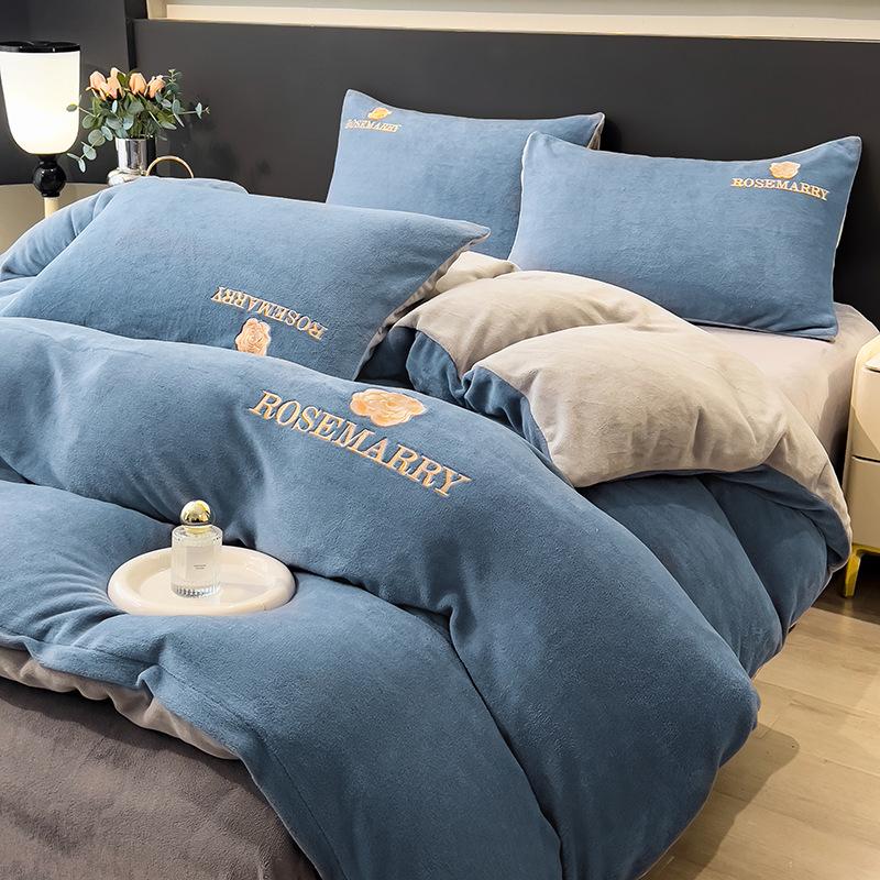 Coral Fleece Milk Velvet Winter Bedding Set: Thickened Embroidered Duvet Cover and Bed Sheet for Dorms.