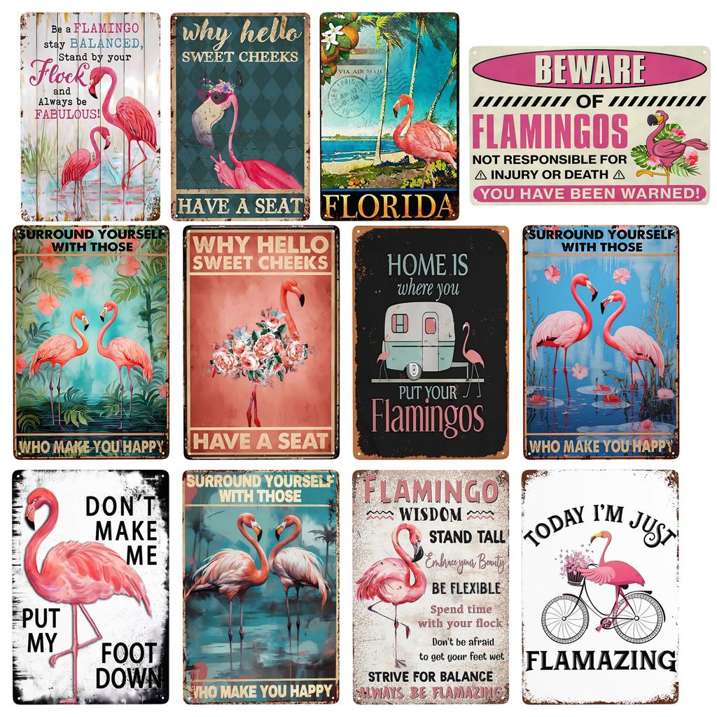 pc Flamingo Metal Sign Surround Yourself With Those Who Make You Happy Tin Sign for Home Living Room Bathroom Decor xinc